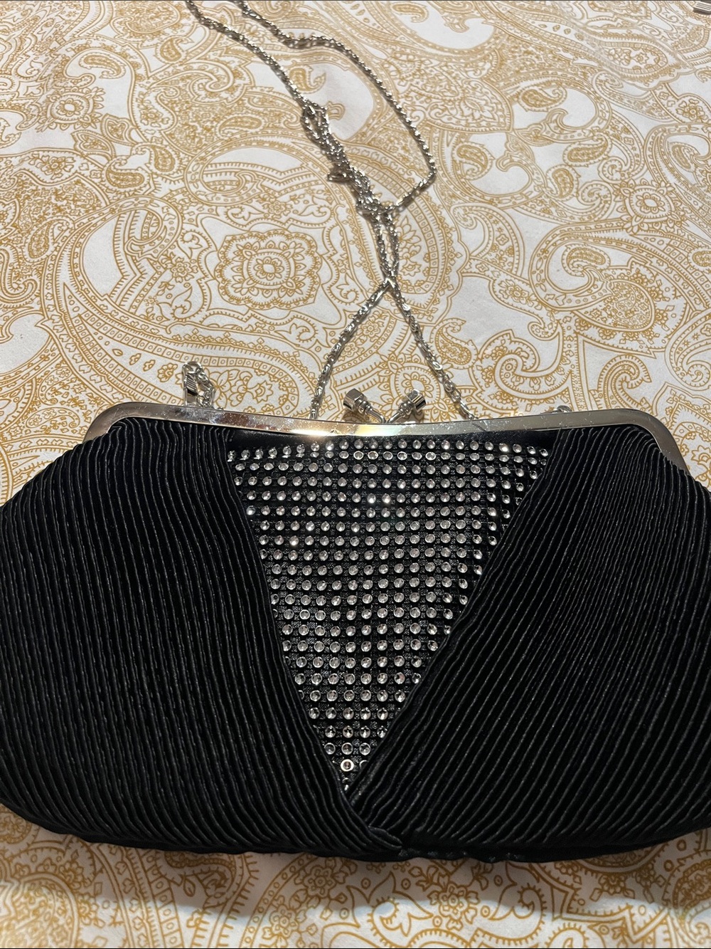 Black Crystal-Detail Evening Clutch with Chain Strap